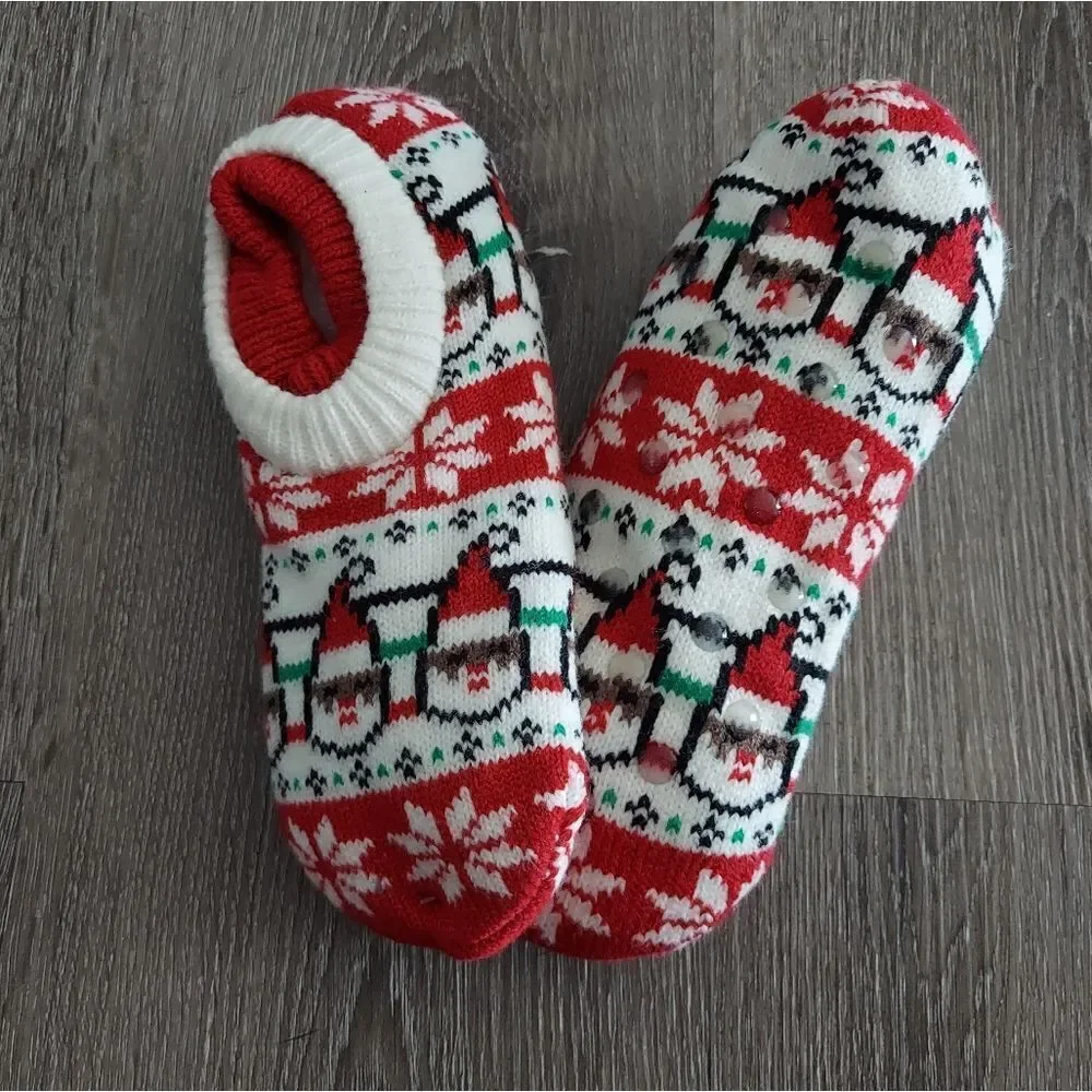 FUZZY BABBA CHRISTMAS PRINT DOUBLE CUFFED GRIPPER SLIPPER SOCKS SIZE 5-7